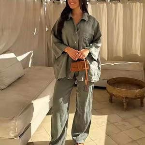 Abiti di cotone <span class=keywords><strong>Oversize</strong></span> di fabbrica in lino in tinta unita camicetta con bottoni e pantaloni larghi a gamba dritta set di 2 pezzi per <span class=keywords><strong>donna</strong></span> - Product Image 1