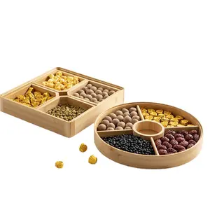 Vassoio per servire di caramelle di noci di bambù personalizzato per feste piatto di piatti vegetariani scatola di caramelle con coperchio in acrilico e divisori rimovibili