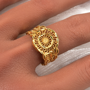 Elegant Antique Hollow Flexible Copper glossy plated ornament engagement gold 18k floral ring for females - Product Image 2