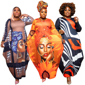 N7581 Robe longue asymétrique à manches longues pour femmes grandes tailles, style européen et américain, avec ourlet large et motifs imprimés - Product Image 3