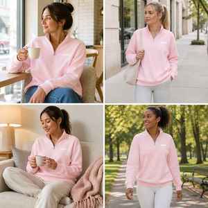 Sudadera de mujer rosa pastel con cremallera de un cuarto, lavado ácido, con insignia, oversize, de manga larga, de forro polar, cuello simulado, tipo jersey, top casual, OEM personalizado - Product Image 6