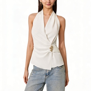 Women's Satin Halter Wrap <b>Top</b> - Sleeveless Ruched Blouse With Gold Decorative Buckle Shirt Fashion - Product Image 3