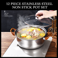 Peralatan Masak Stainless Steel Anti Lengket Modern 12 Buah Grosir Pabrik dengan Tutup Kaca dan Gagang Kayu 6 Tutup