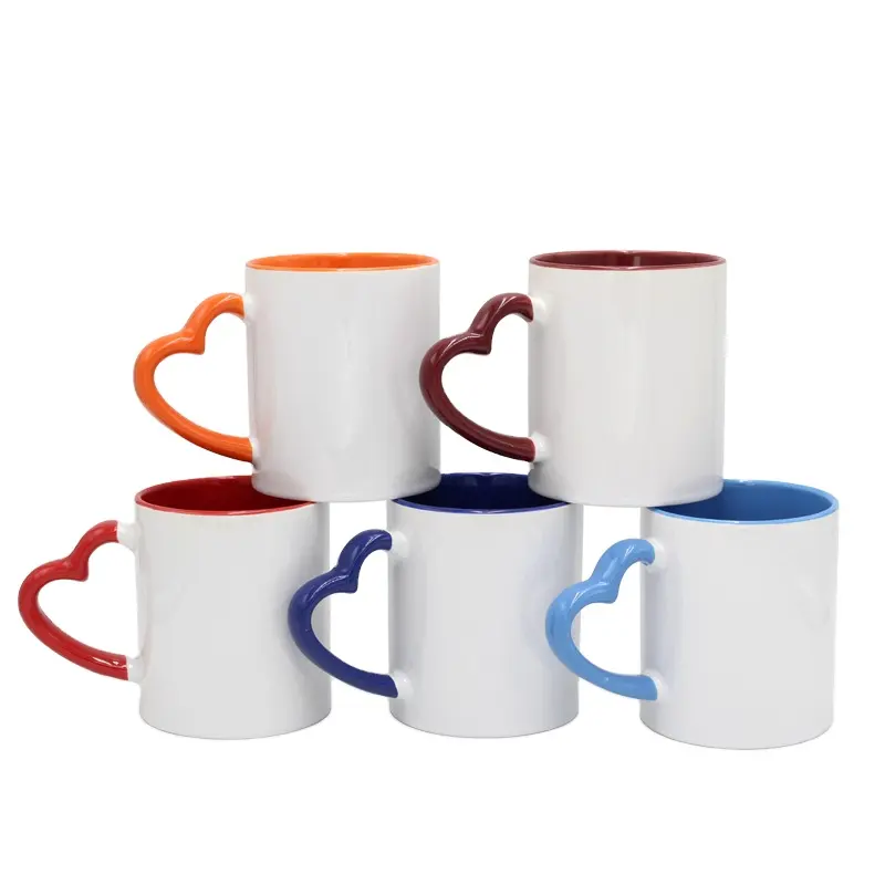 Custom Popular colorful 11oz ceramic coffee mug with heart shape handle for promotion