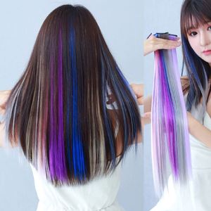 วิกผมสีแฟชั่นสำหรับต่อผมสีรุ้งมีคลิปหนีบผมตรง22นิ้วสำหรับเด็ก