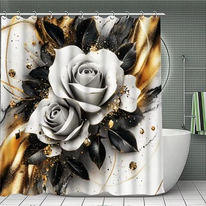 Cortina de Ducha de Poliéster con Diseño de Rosas Doradas y Negras, Cortina de Baño con Impresión Digital, Impermeable, Juego de Cortinas de Ducha con Impresión Personalizada, Venta al por Mayor - Product Image 3