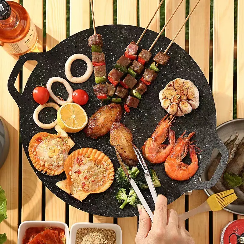 Hete Verkoop Koreaanse Barbecue Bbq Grillplaat Ronde Gietijzeren Grillpan Met Dubbel Handvat