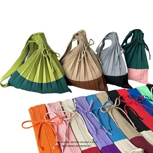韩版褶式购物袋折叠设计针织肩包手风琴包女撞色大单肩包