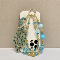 Lujoso Colgante de Pavo Real Teal con Cuentas, Cristales y Diamantes de Imitación, Llavero Dorado, Colgante para Teléfono, Joyería Hecha a Mano al por Mayor