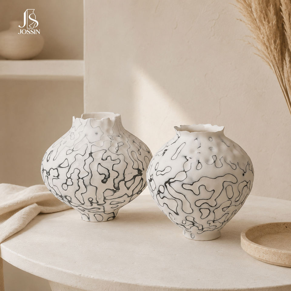 Jossin White Ceramic Flower Vase with Abstract Ink Wash Pattern and ...