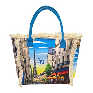 Sac à pampilles en toile <span class=keywords><strong>de</strong></span> créateur <span class=keywords><strong>Paris</strong></span> recyclable imprimé <span class=keywords><strong>de</strong></span> logo personnalisé avec pochette et fermeture éclair Grand sac fourre-tout en toile pour les courses - Product Image 1