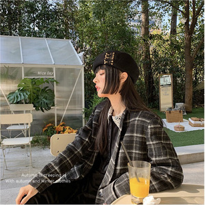 Béret rayé en PU <span class=keywords><strong>Automne</strong></span> Hiver avec boucle à clou métallique, style vintage, casquette de peintre britannique tendance, chapeau japonais 56-58CM - Product Image 2