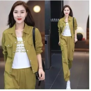Plus Size Women Casual Suit Military Green Polyester Two Piece Set Long Sleeve Jacket Cargo Pants Workwear - Product Image 4