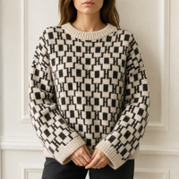 Pull en maille jacquard épais personnalisé pour femme, col rond, crème et marron, motif losanges intégral, usine OEM ODM