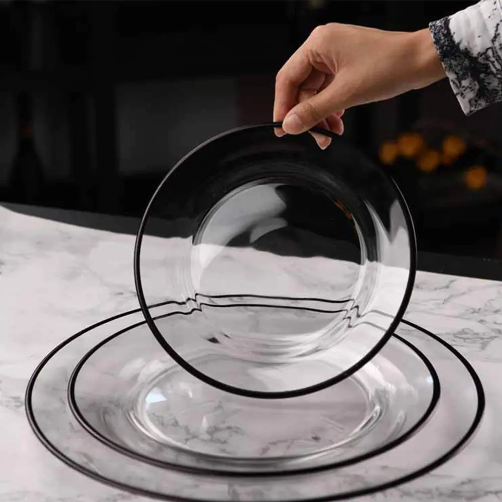 Dishes Set Black Trim Dinner Dessert Charger Plate 13 inch Round Clear Glass Charger Plates with black rim for wedding