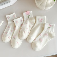Chaussettes courtes pour femme, blanches à motif floral, avec nœud, style Instagram, respirantes, invisibles, en coton, à aiguille simple
