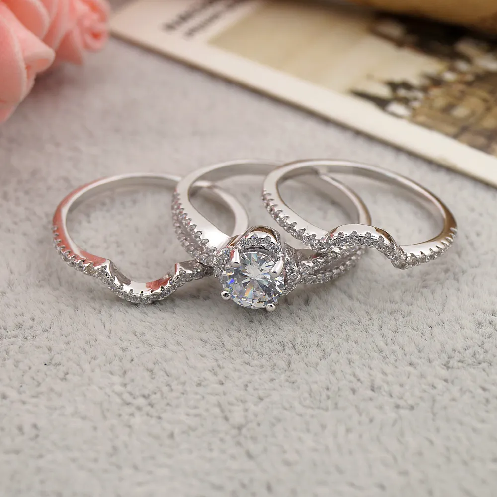 925 स्टर्लिंग चांदी 3 pcs घन जिक्रोन ब्राइडल फिंगर रिंग देवियों अंगूठी सेट शादी और सगाई की अंगूठी सेट
