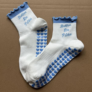 Custom Designed Knitted Pilates Yoga <b>Socks</b> with Embroidered Logo <b>Grip</b> Bottom for Youth Children Crew High Logo on Cuff Body - Product Image 5