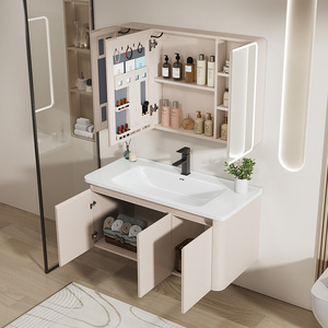Gabinete de baño con espejo montado en la pared, estilo crema simple, duradero, con lavabo integrado de cerámica. - Product Image 3