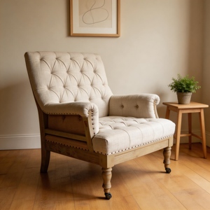 French Style <b>Hand</b> Made Curved Solid Leg Button Tufted Seat and Back Living Room Armchair - Product Image 2