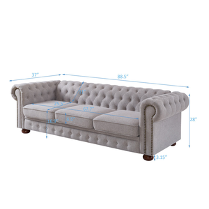 Sofá Chesterfield Clásico de 3 <span class=keywords><strong>Plazas</strong></span> con Reposabrazos de Ruedas de Lujo, Patas de Madera Maciza, Tapizado en Tela de Lino con Botones - Product Image 6