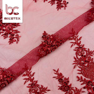 Luxury French Red Beads Tulle <strong>Lace</strong> <strong>Fabric</strong> with <strong>Heavy</strong> Beaded Embroidery Eco-Friendly Mesh <strong>Lace</strong> for Bridal Wedding Dresses - Product Image 4