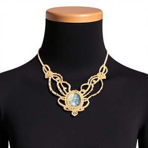 Gold Plated Alloy <b>Statement</b> <b>Necklace</b> with Natural Oval Stone Boho Wing Design Children's & Women's Party Jewelry - Product Image 1