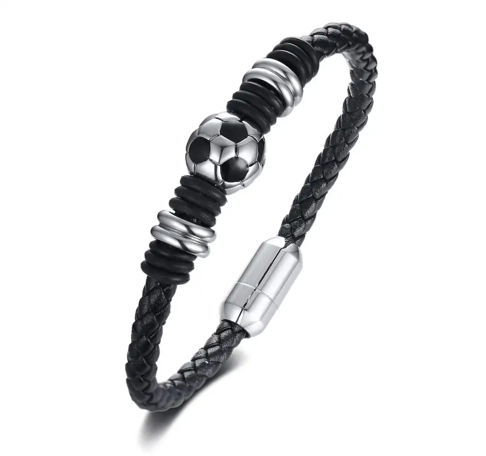 2024 Hot Selling Fashion Design Men's Football Leather Woven Wristband Stainless Steel Buckle Clip Bracelet