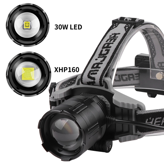 Most Powerful XHP160 LED Headlamp 7800mAh 18650 USB Rechargeable Camping Light Telescopeic Zoom IP66 Waterproof 4 Modes 20000LM