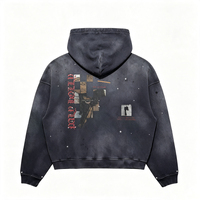 Hoodie Vintage Hitam Abu-abu Efek Sun Faded dengan Grafis Rhinestone Cetakan Splatter Langit Berbintang Hoodie Oversized Streetwear