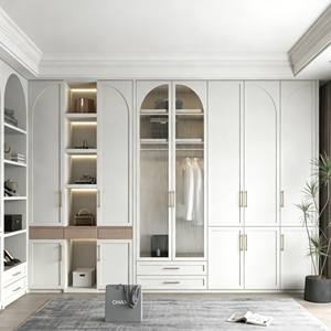 Latest White Wooden Bedroom <b>Wardrobe</b> With Arched Glass <b>Doors</b> Integrated Lighting and Multi Storage Closets - Product Image 4