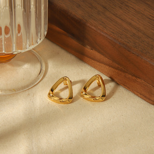 Geometric Stud <b>Earrings</b> 18k Gold Triangular Hollow Design Stainless Steel <b>Post</b> Fashion Jewelry - Product Image 1