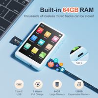 Lecteur MP3 bleu avec prise en charge du format FLAC 5.3, carte TF 256 Go, port Type-C pour enfants