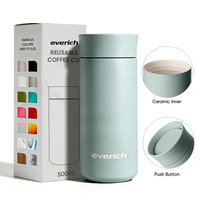 Nouvelle conception de gobelet réutilisable avec couvercle à bouton personnalisé, 500 ml, en acier inoxydable, isolé sous vide, tasse à café avec intérieur en céramique, pour le bureau