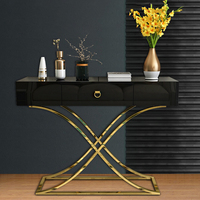 Table d'entrée de maison en bois antique moderne Table de salon noire et dorée Table console en bois avec dessus en verre trempé et tiroirs