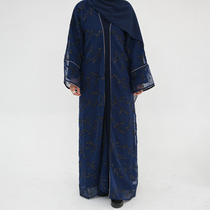Turkish Floral Embroidery Crepe Abaya Dress for Adults Open Muslim Women's Puff Sleeves <strong>Kaftan</strong> for Eid Long Robe From Dubai Arab - Product Image 6