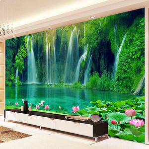 <span class=keywords><strong>Papier</strong></span> <span class=keywords><strong>peint</strong></span> mural 3D Paysage de cascade de lotus vert naturel, décorations murales pour la maison, revêtement mural, autocollants pour le salon - Product Image 3