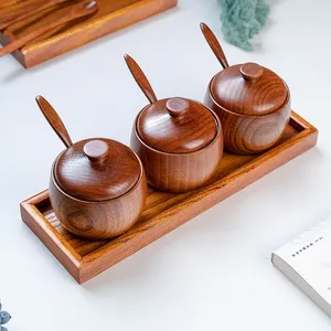 وعاء ملح خشبي بغطاء من الخشب الصلب ، خزان توابل المطبخ ، صحن فلفل مع ملعقة برطمانات توابل - Product Image 2