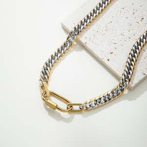 YF5139 Collier Chunky Imperméable en Acier Inoxydable Plaqué Or 18K avec Fermoir Fer à Cheval, Luxueux Collier Carabine Bicolore Bijoux - Product Image 4