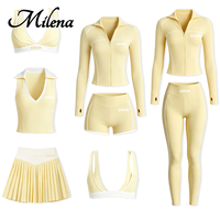 Ensemble de yoga pour femmes Milena, blanc avec bordure contrastée, logo personnalisé, nylon et élasthanne, vêtements de sport, tenue de sport, tenue de fitness, vêtements de sport ajustés