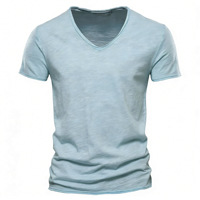 T-shirt d'été pour homme, décontracté, uni, col en V, manches courtes, anti-transpiration, coupe ajustée, pur coton, très vendu