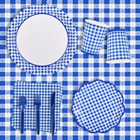 Articles de fête en gingham bleu et blanc, assiettes en papier jetables, serviettes, gobelets, nappe, bannière pour fête d'anniversaire, pique-nique, barbecue