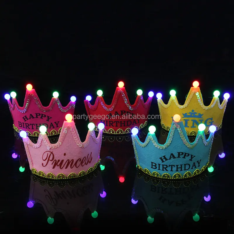 Feliz aniversário boné colorido não-tecido, chapéu king princesa luminoso led boné de aniversário do ano novo