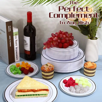 Ensemble de vaisselle jetable écologique en PS pour fête, assiettes en plastique blanches avec anneau doré pour mariage, couverts inclus, disponible en blanc doré