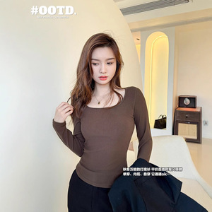 Women <b>Long</b> <b>Sleeve</b> <b>Square</b> <b>Neck</b> Solid Color Ribbed <b>Top</b> Breathable Minimalist Fit Autumn Wear - Product Image 1