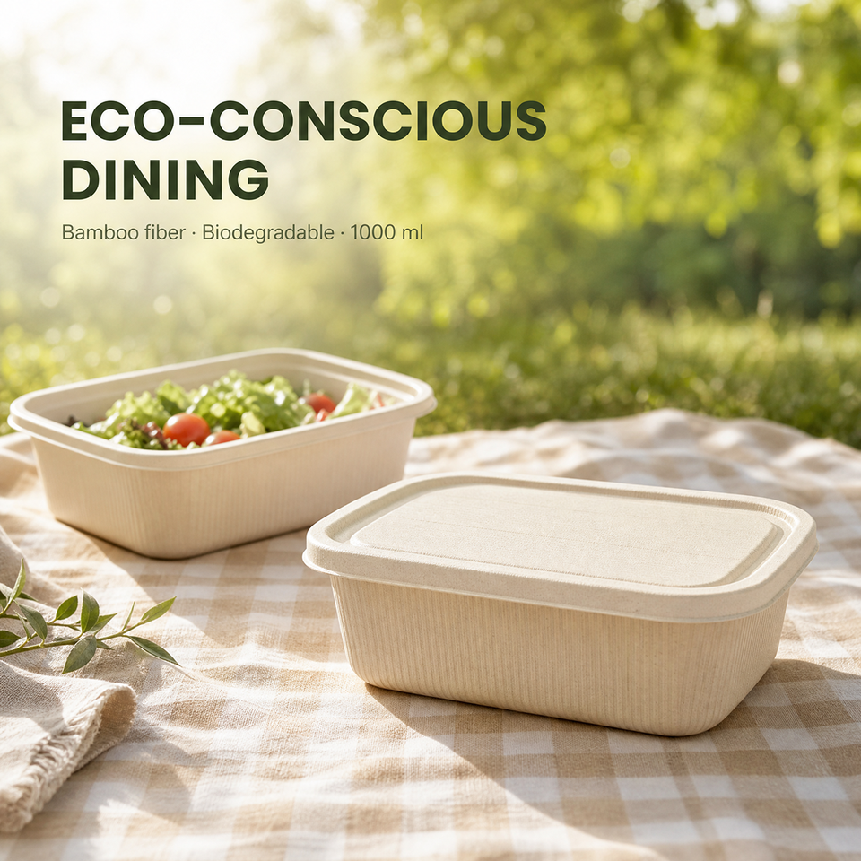 1000ml Square Bamboo Fiber Lunch Box 208x132x60mm Eco Friendly Bio ...