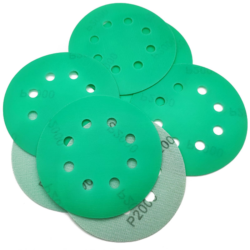 Высокое качество 5 дюймов; Обувь со шнуровкой 8 отверстий 125 мм абразивный шлифовальный диск зеленая полиэфирная пленка наждачная бумага для шлифовки круглый крюк и петля Pad