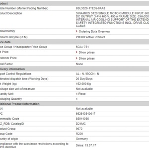 Módulo de Motor Único SINAMICS S120 de 250KW, 6SL3320-1TE35-0AA3, Inversor Trifásico de Vanguardia con 1 Año de Garantía - Product Image 3