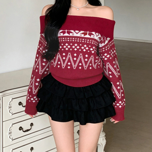 Women Off Shoulder Knitted <b>Sweater</b> <b>Christmas</b> Jacquard Pattern Long Sleeve Loose Fit Winter Pullover Top - Product Image 1