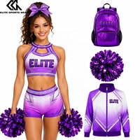 Sac de préparation pour cheerleading violet brillant, veste de préparation avec pompons et nœuds pour studio de danse, crop top et short de cheerleading avec logo en strass